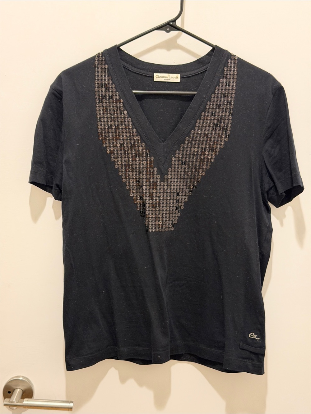 Christian Lacroix Black Short-Sleeve V-Neck Shirt with Brown Beaded Chevron